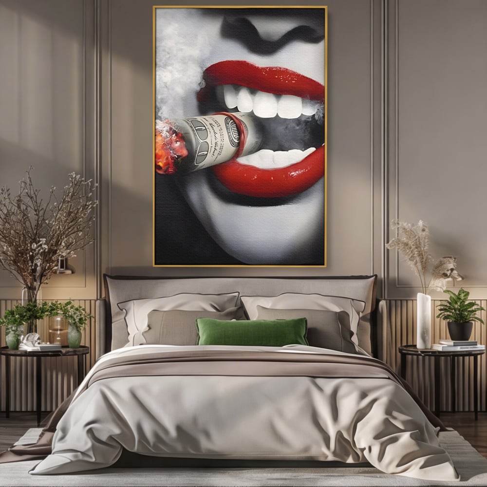 Tablou Canvas Premium LuxCanva® A1301, Dollar Cigarette, Living, Buze Rosii, Femeie, Fum, Cash, Dressing, Culori Vibrante