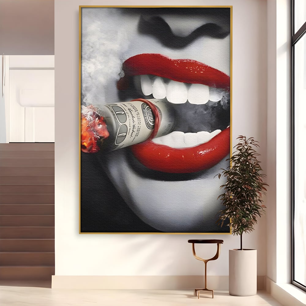 Tablou Canvas Premium LuxCanva® A1301, Dollar Cigarette, Living, Buze Rosii, Femeie, Fum, Cash, Dressing, Culori Vibrante