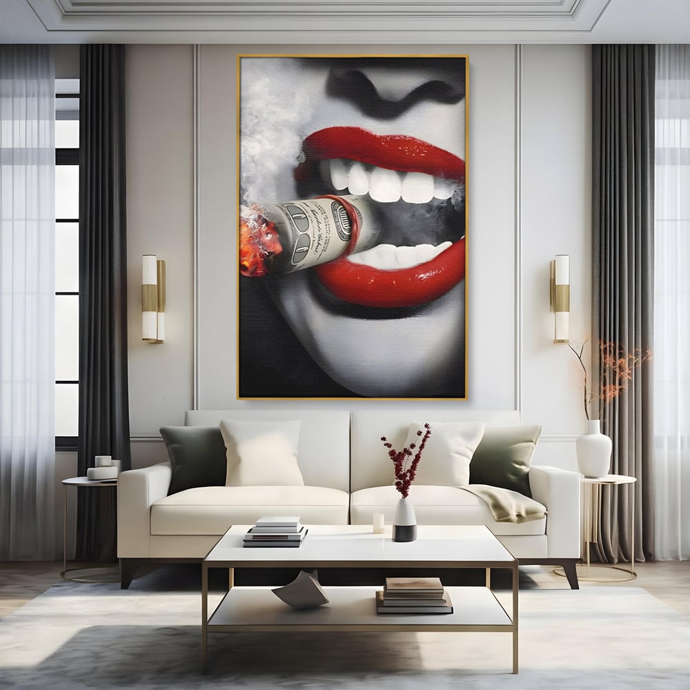 Tablou Canvas Premium LuxCanva® A1301, Dollar Cigarette, Living, Buze Rosii, Femeie, Fum, Cash, Dressing, Culori Vibrante