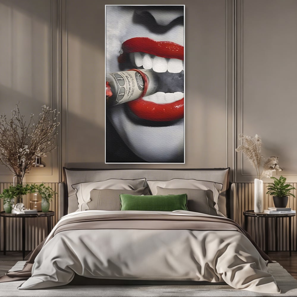 Tablou Canvas Premium LuxCanva® A1301, Dollar Cigarette, Living, Buze Rosii, Femeie, Fum, Cash, Dressing, Culori Vibrante
