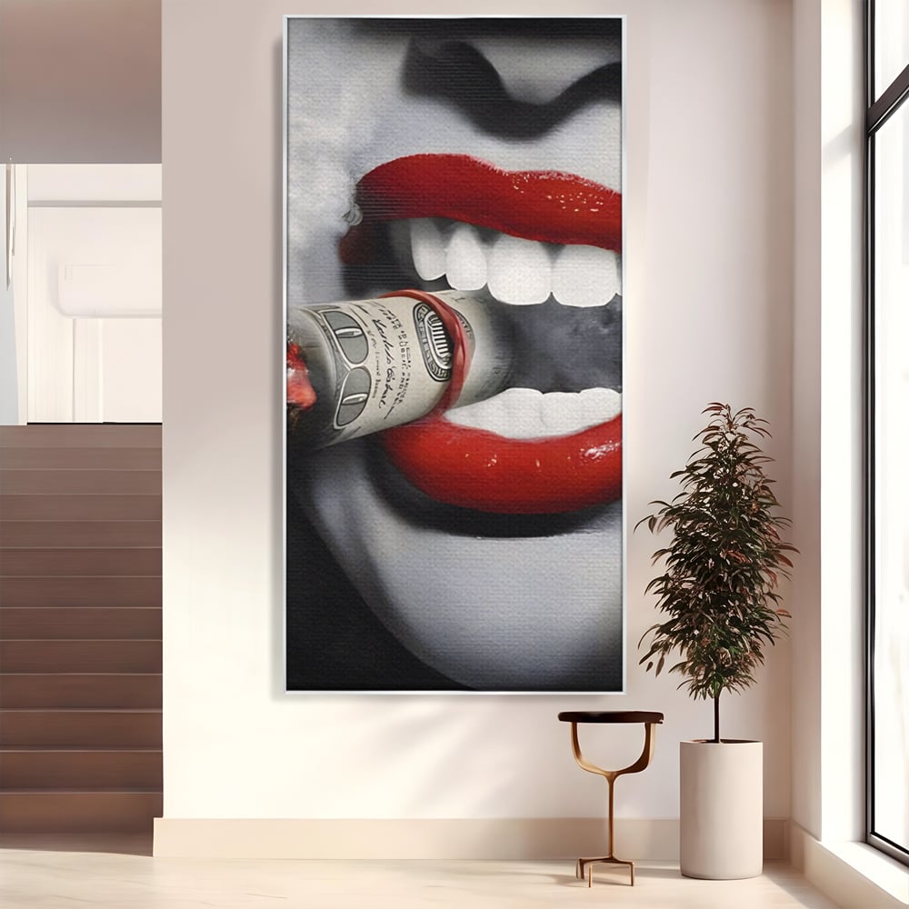 Tablou Canvas Premium LuxCanva® A1301, Dollar Cigarette, Living, Buze Rosii, Femeie, Fum, Cash, Dressing, Culori Vibrante