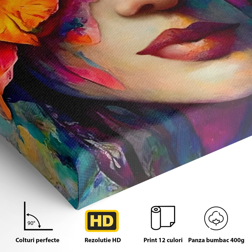 Tablou Canvas Premium LuxCanva® A1302, Flowers In Hair, Living, Fata, Flori Colorate, Arta, Zambet, Dormitor, Culori Vibrante
