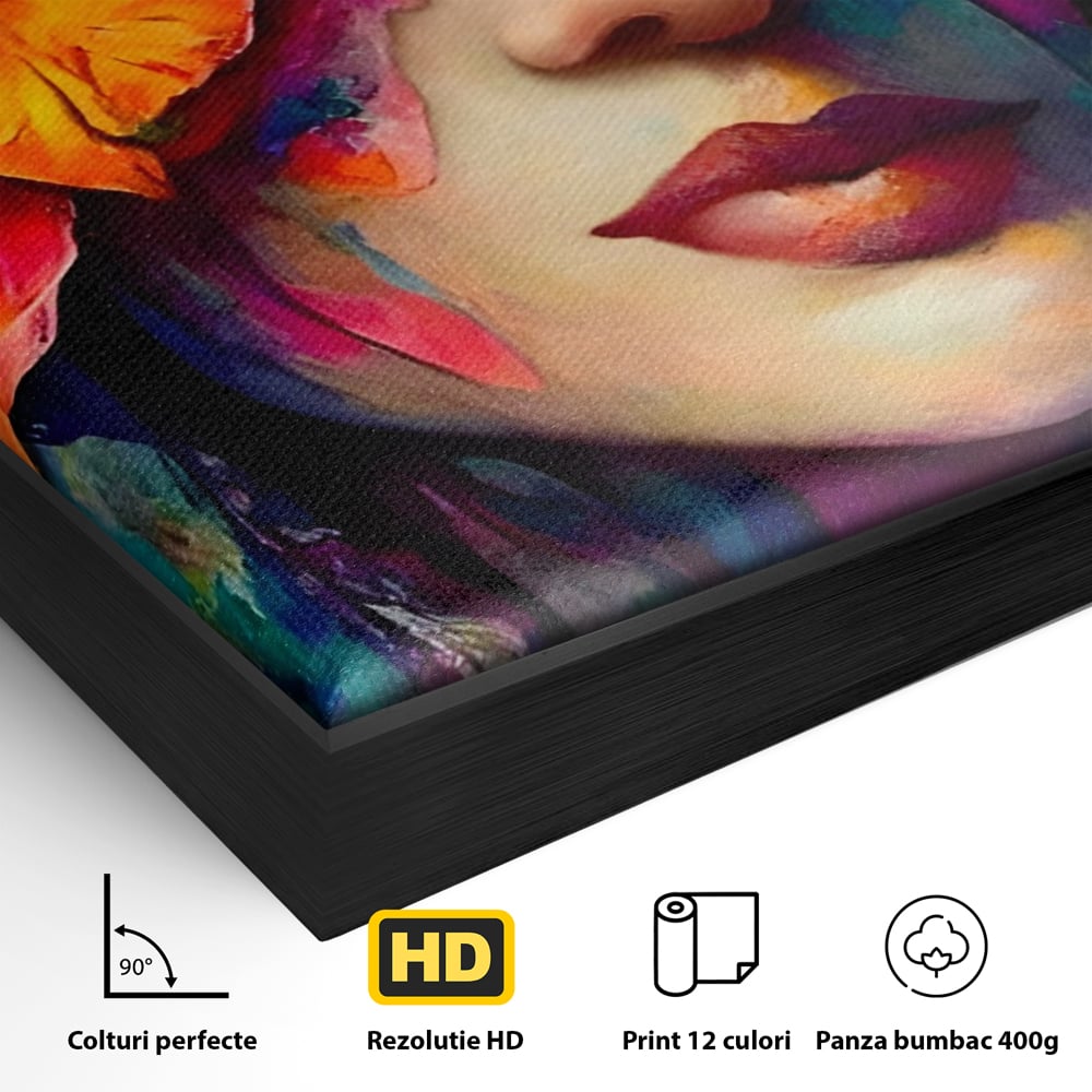 Tablou Canvas Premium LuxCanva® A1302, Flowers In Hair, Living, Fata, Flori Colorate, Arta, Zambet, Dormitor, Culori Vibrante