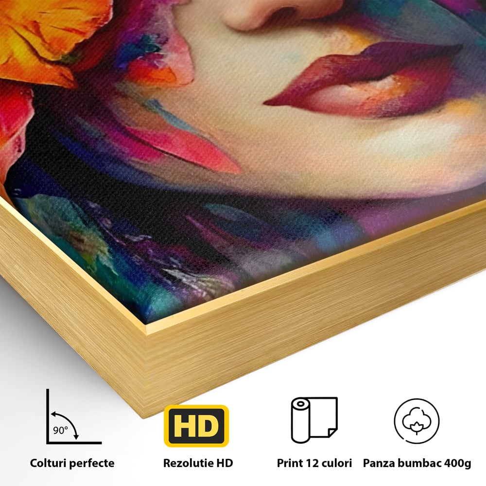 Tablou Canvas Premium LuxCanva® A1302, Flowers In Hair, Living, Fata, Flori Colorate, Arta, Zambet, Dormitor, Culori Vibrante