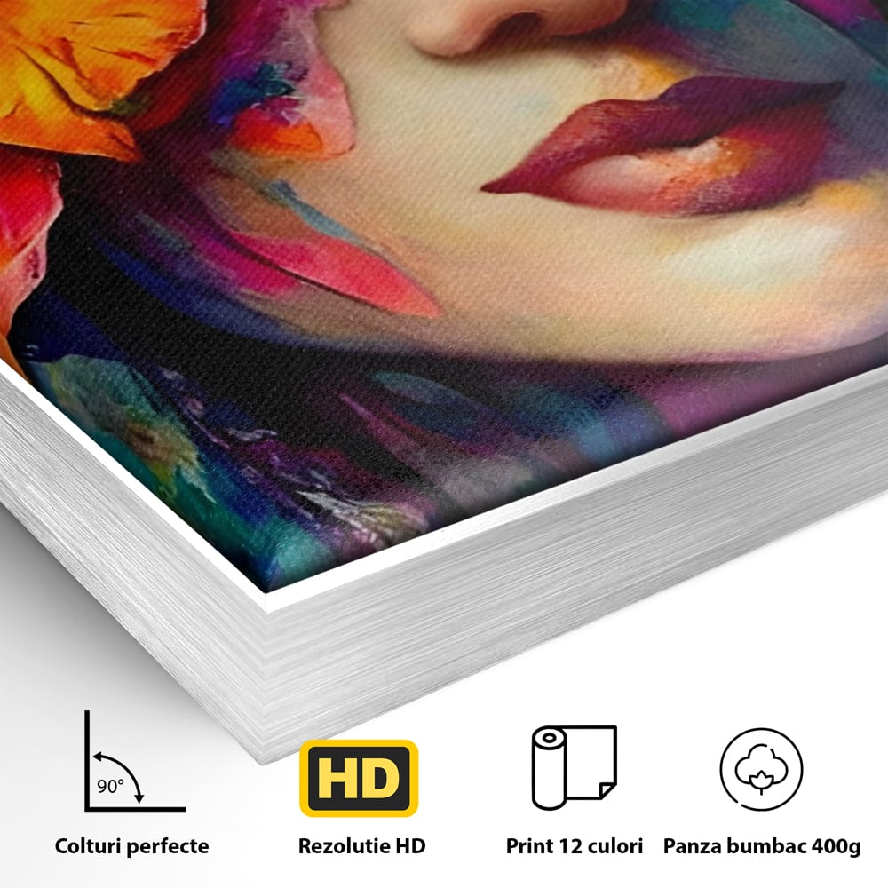 Tablou Canvas Premium LuxCanva® A1302, Flowers In Hair, Living, Fata, Flori Colorate, Arta, Zambet, Dormitor, Culori Vibrante