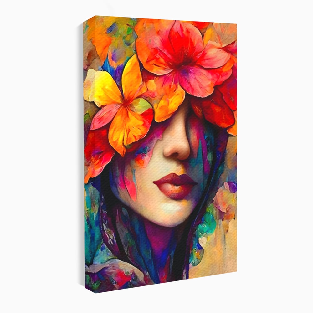Tablou Canvas Premium LuxCanva® A1302, Flowers In Hair, Living, Fata, Flori Colorate, Arta, Zambet, Dormitor, Culori Vibrante