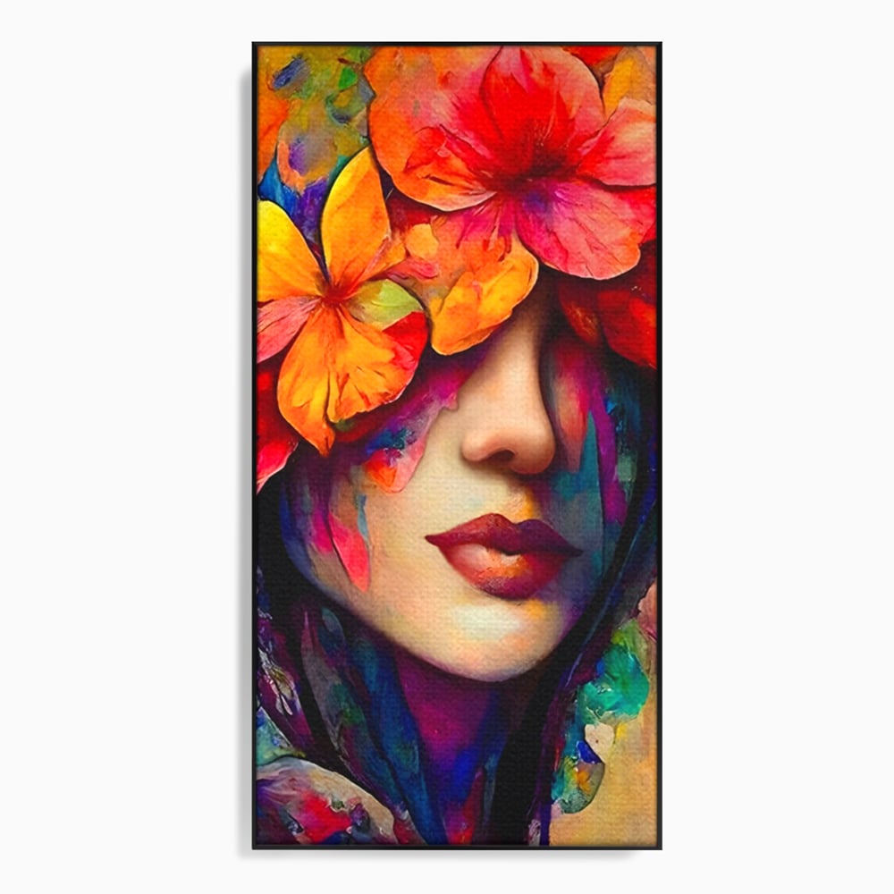 Tablou Canvas Premium LuxCanva® A1302, Flowers In Hair, Living, Fata, Flori Colorate, Arta, Zambet, Dormitor, Culori Vibrante