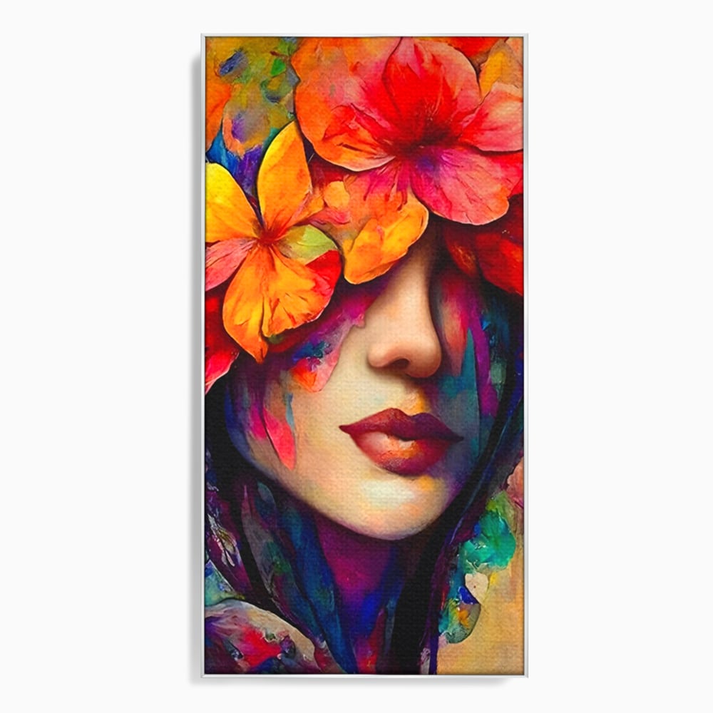 Tablou Canvas Premium LuxCanva® A1302, Flowers In Hair, Living, Fata, Flori Colorate, Arta, Zambet, Dormitor, Culori Vibrante