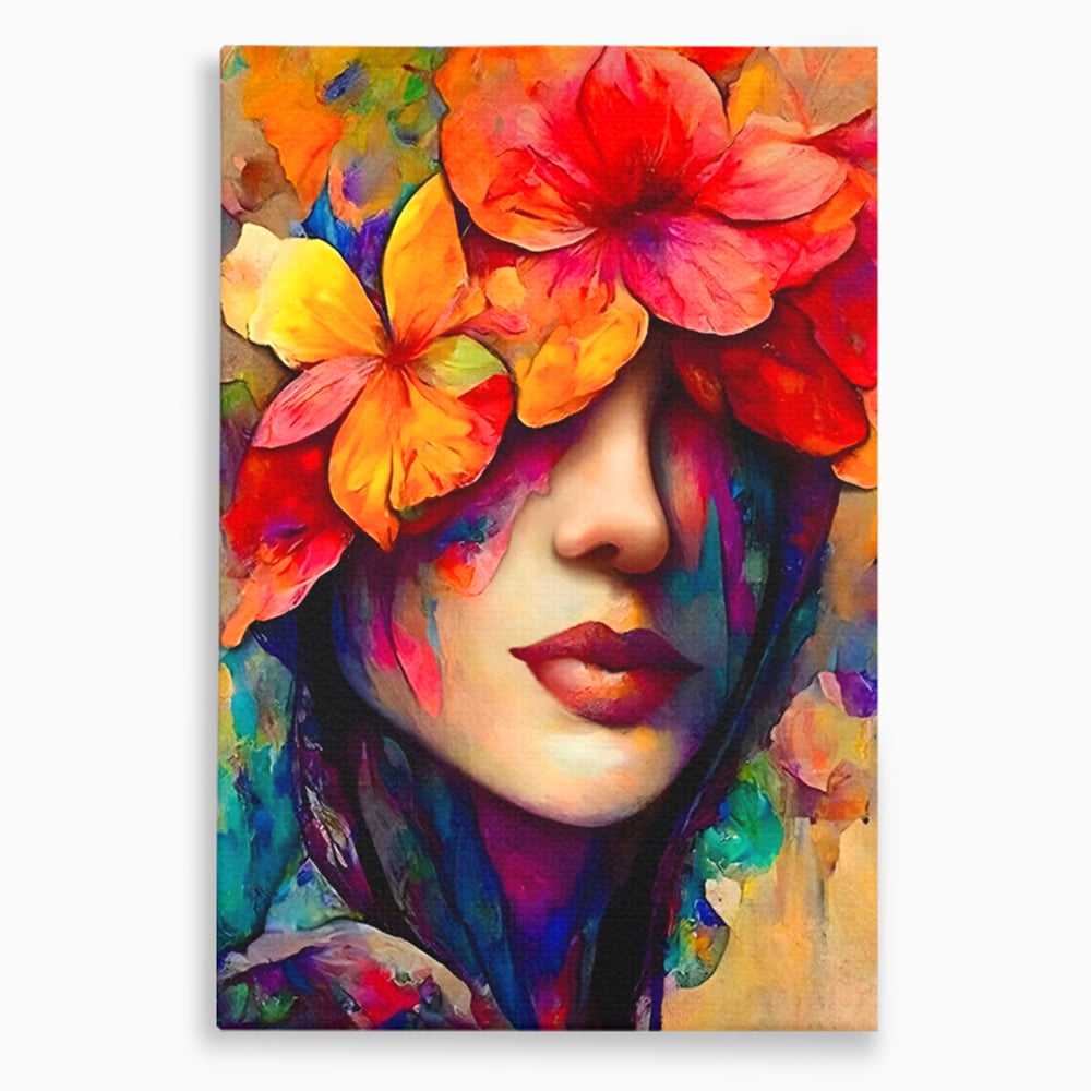 Tablou Canvas Premium LuxCanva® A1302, Flowers In Hair, Living, Fata, Flori Colorate, Arta, Zambet, Dormitor, Culori Vibrante