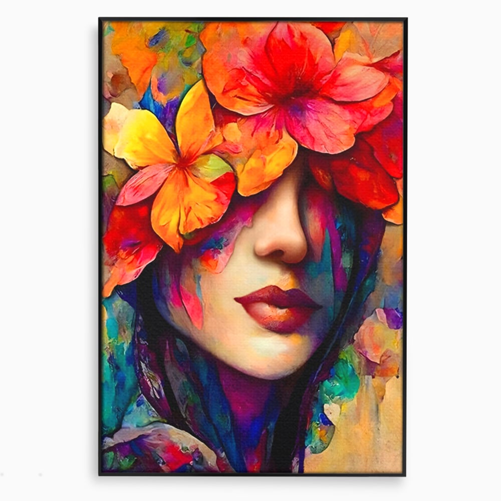 Tablou Canvas Premium LuxCanva® A1302, Flowers In Hair, Living, Fata, Flori Colorate, Arta, Zambet, Dormitor, Culori Vibrante