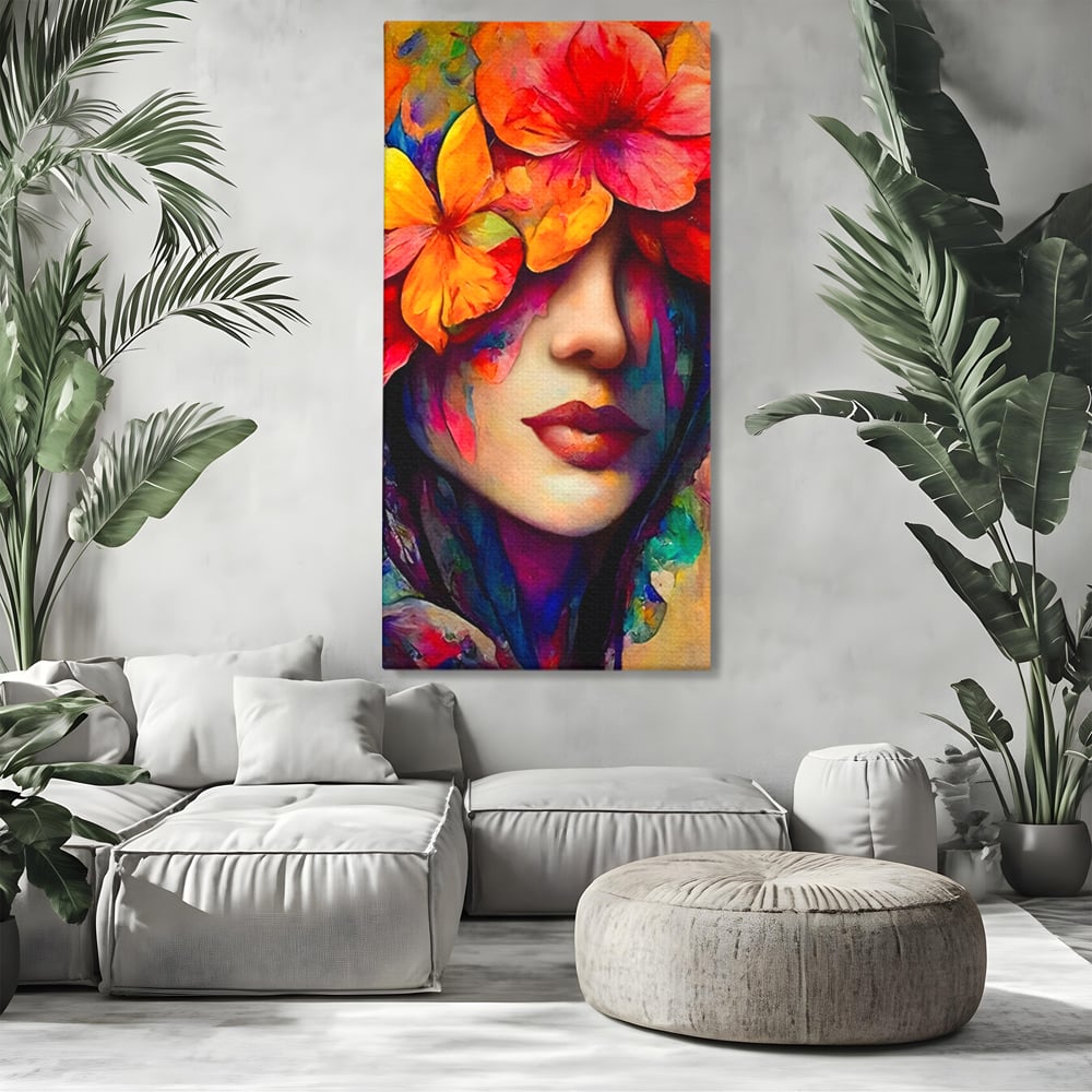 Tablou Canvas Premium LuxCanva® A1302, Flowers In Hair, Living, Fata, Flori Colorate, Arta, Zambet, Dormitor, Culori Vibrante