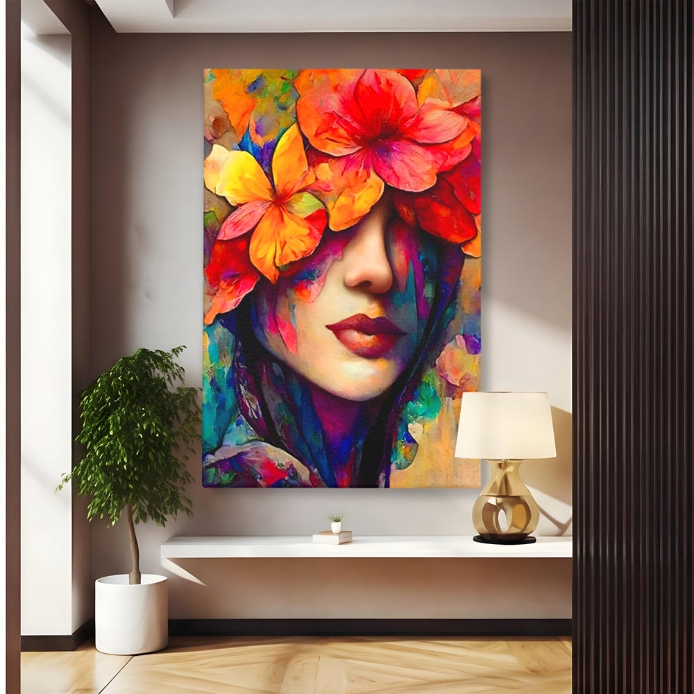 Tablou Canvas Premium LuxCanva® A1302, Flowers In Hair, Living, Fata, Flori Colorate, Arta, Zambet, Dormitor, Culori Vibrante
