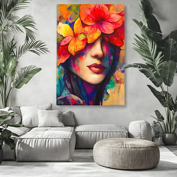 Tablou Canvas Premium LuxCanva® A1302, Flowers In Hair, Living, Fata, Flori Colorate, Arta, Zambet, Dormitor, Culori Vibrante