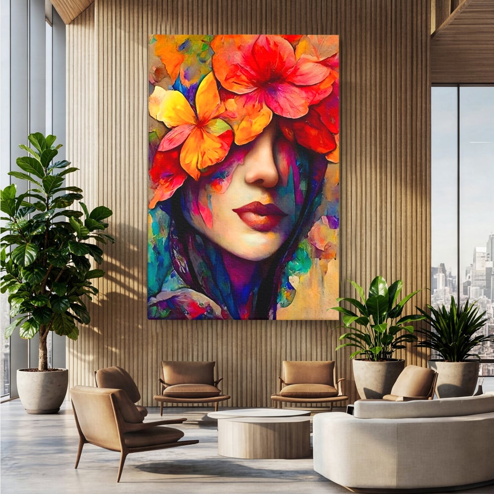 Tablou Canvas Premium LuxCanva® A1302, Flowers In Hair, Living, Fata, Flori Colorate, Arta, Zambet, Dormitor, Culori Vibrante