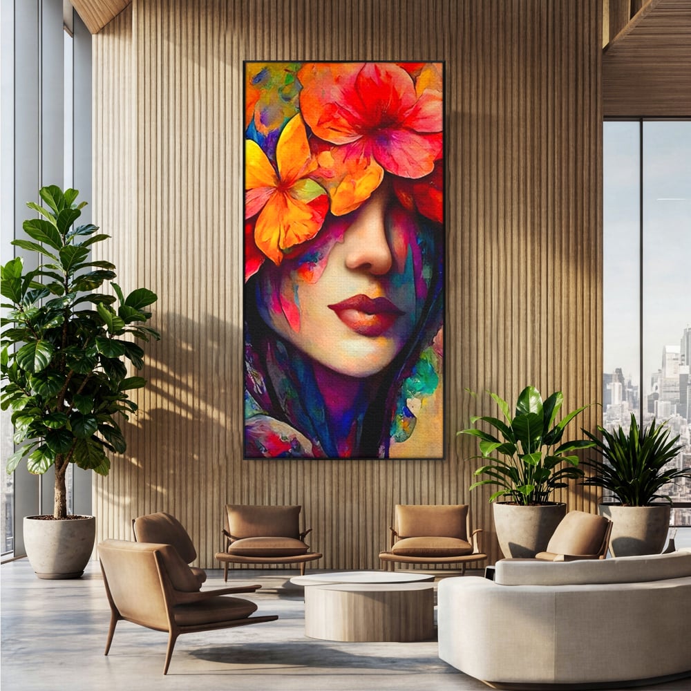 Tablou Canvas Premium LuxCanva® A1302, Flowers In Hair, Living, Fata, Flori Colorate, Arta, Zambet, Dormitor, Culori Vibrante