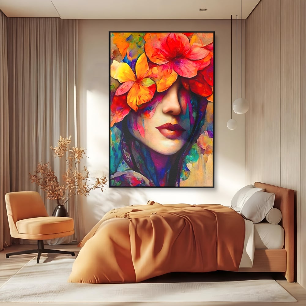 Tablou Canvas Premium LuxCanva® A1302, Flowers In Hair, Living, Fata, Flori Colorate, Arta, Zambet, Dormitor, Culori Vibrante