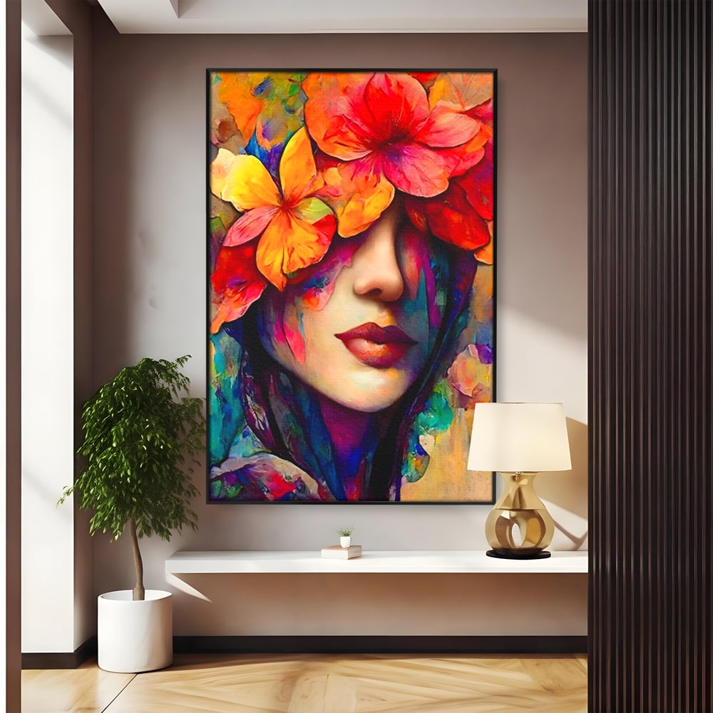 Tablou Canvas Premium LuxCanva® A1302, Flowers In Hair, Living, Fata, Flori Colorate, Arta, Zambet, Dormitor, Culori Vibrante