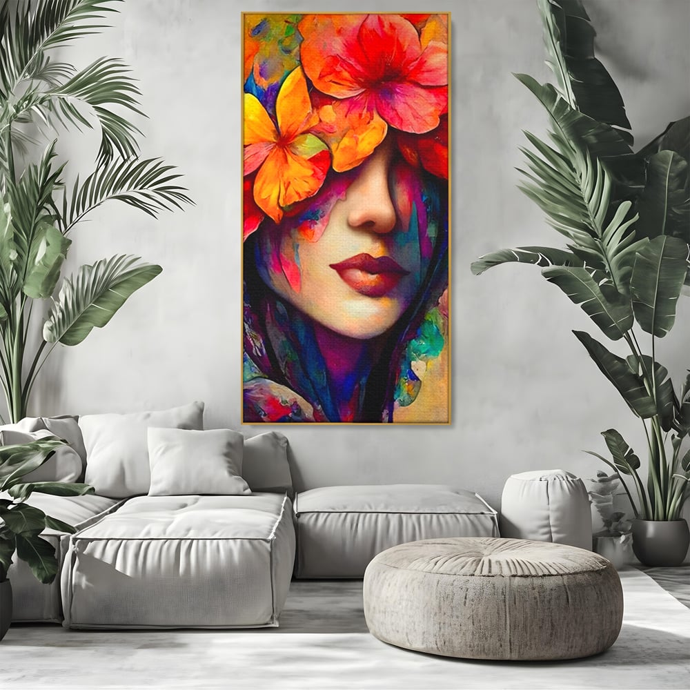 Tablou Canvas Premium LuxCanva® A1302, Flowers In Hair, Living, Fata, Flori Colorate, Arta, Zambet, Dormitor, Culori Vibrante
