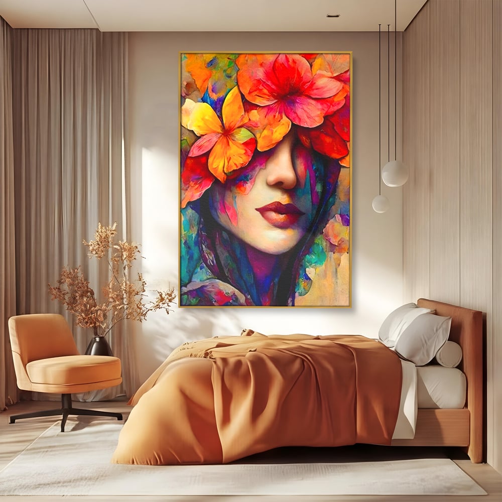 Tablou Canvas Premium LuxCanva® A1302, Flowers In Hair, Living, Fata, Flori Colorate, Arta, Zambet, Dormitor, Culori Vibrante