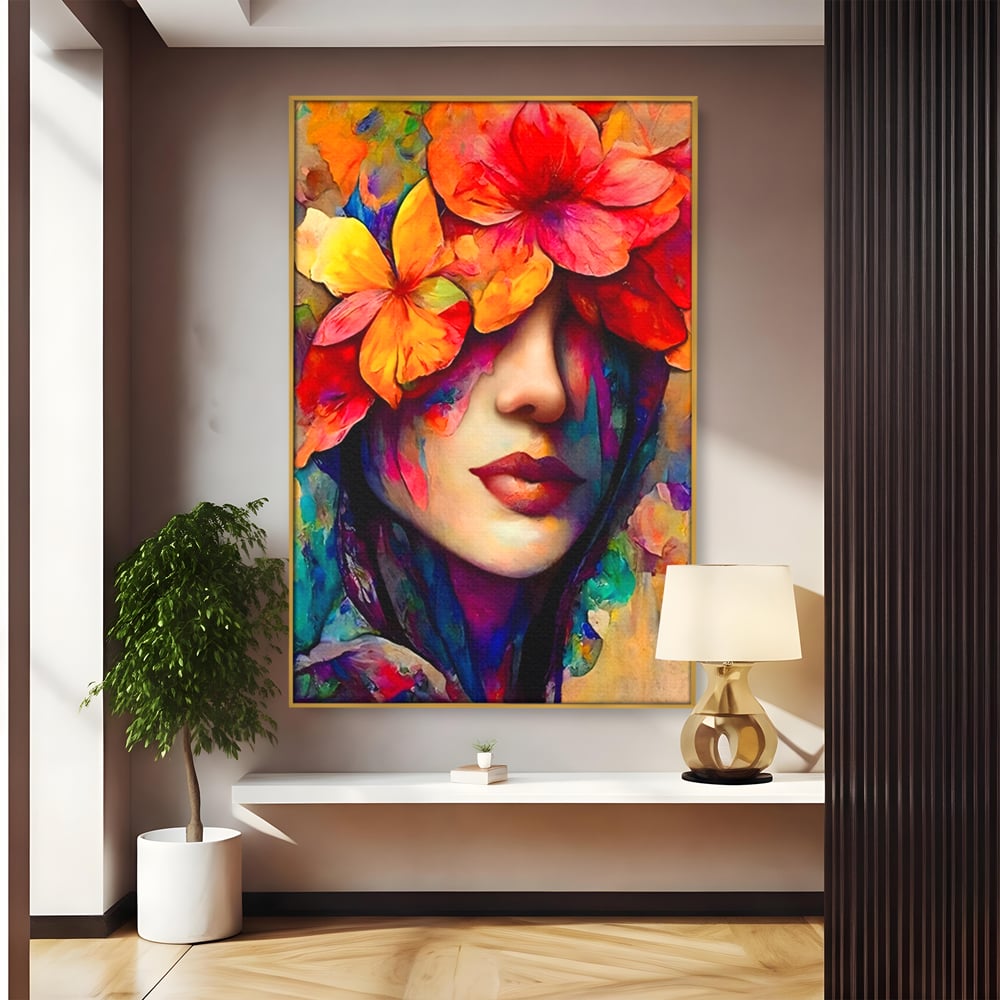 Tablou Canvas Premium LuxCanva® A1302, Flowers In Hair, Living, Fata, Flori Colorate, Arta, Zambet, Dormitor, Culori Vibrante