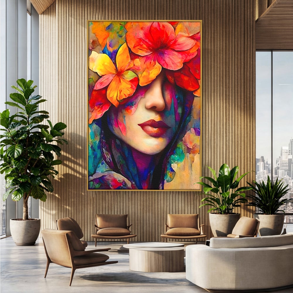 Tablou Canvas Premium LuxCanva® A1302, Flowers In Hair, Living, Fata, Flori Colorate, Arta, Zambet, Dormitor, Culori Vibrante