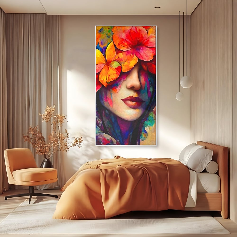 Tablou Canvas Premium LuxCanva® A1302, Flowers In Hair, Living, Fata, Flori Colorate, Arta, Zambet, Dormitor, Culori Vibrante