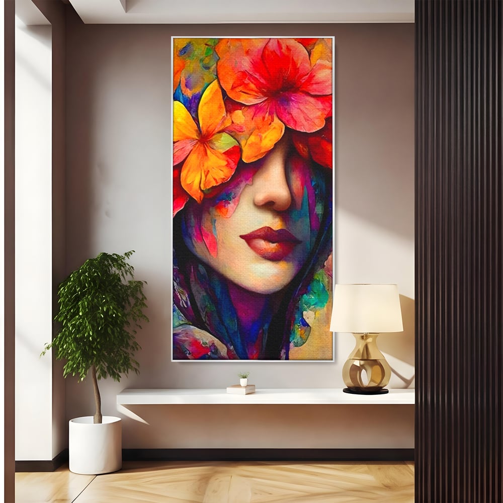 Tablou Canvas Premium LuxCanva® A1302, Flowers In Hair, Living, Fata, Flori Colorate, Arta, Zambet, Dormitor, Culori Vibrante