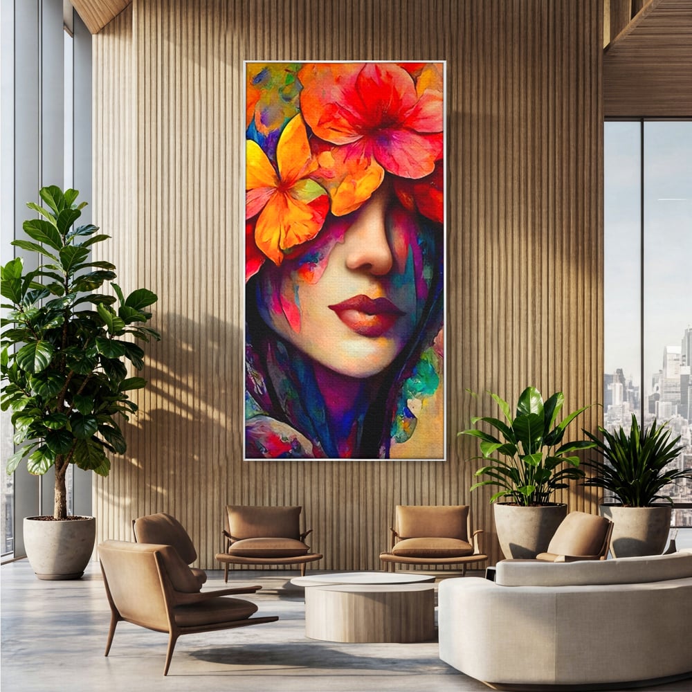 Tablou Canvas Premium LuxCanva® A1302, Flowers In Hair, Living, Fata, Flori Colorate, Arta, Zambet, Dormitor, Culori Vibrante