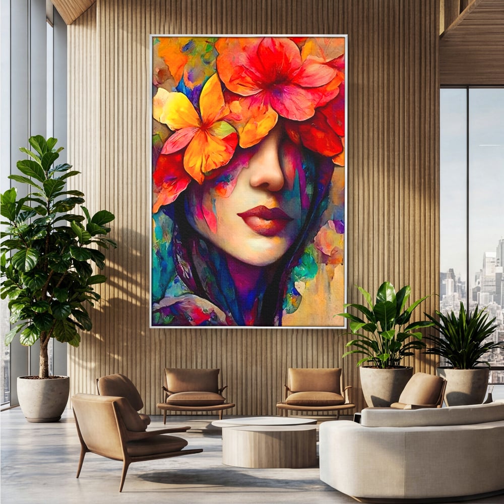 Tablou Canvas Premium LuxCanva® A1302, Flowers In Hair, Living, Fata, Flori Colorate, Arta, Zambet, Dormitor, Culori Vibrante