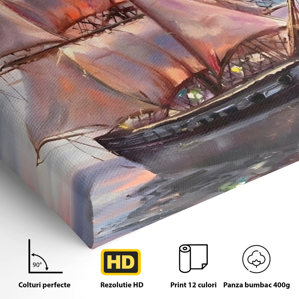 Tablou Canvas Premium LuxCanva® A1304, Vapor Pe Mare, Living, Vele, Rasarit, Pasari, Catarg, Dormitor, Culori Vibrante