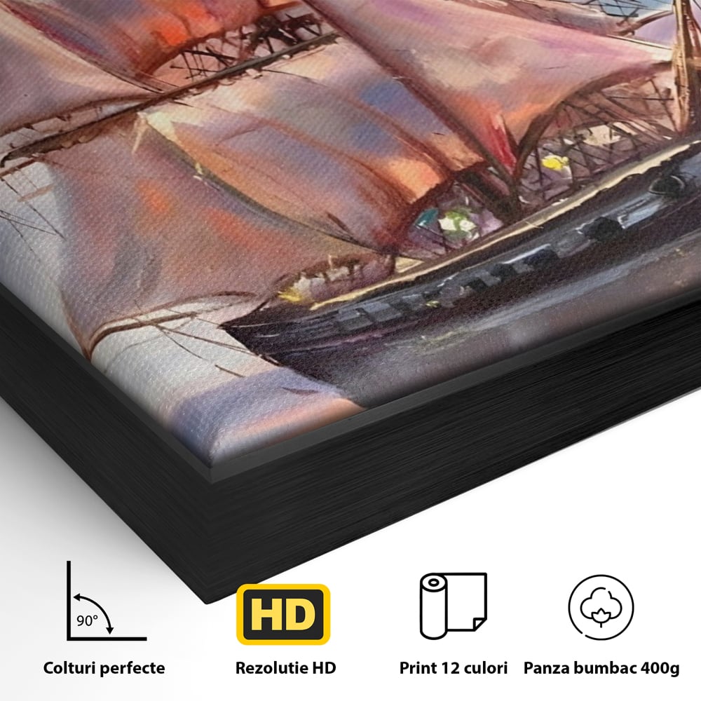 Tablou Canvas Premium LuxCanva® A1304, Vapor Pe Mare, Living, Vele, Rasarit, Pasari, Catarg, Dormitor, Culori Vibrante