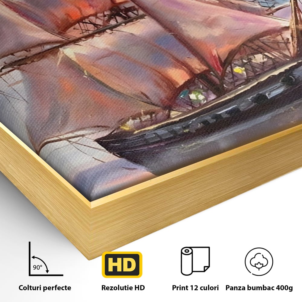 Tablou Canvas Premium LuxCanva® A1304, Vapor Pe Mare, Living, Vele, Rasarit, Pasari, Catarg, Dormitor, Culori Vibrante