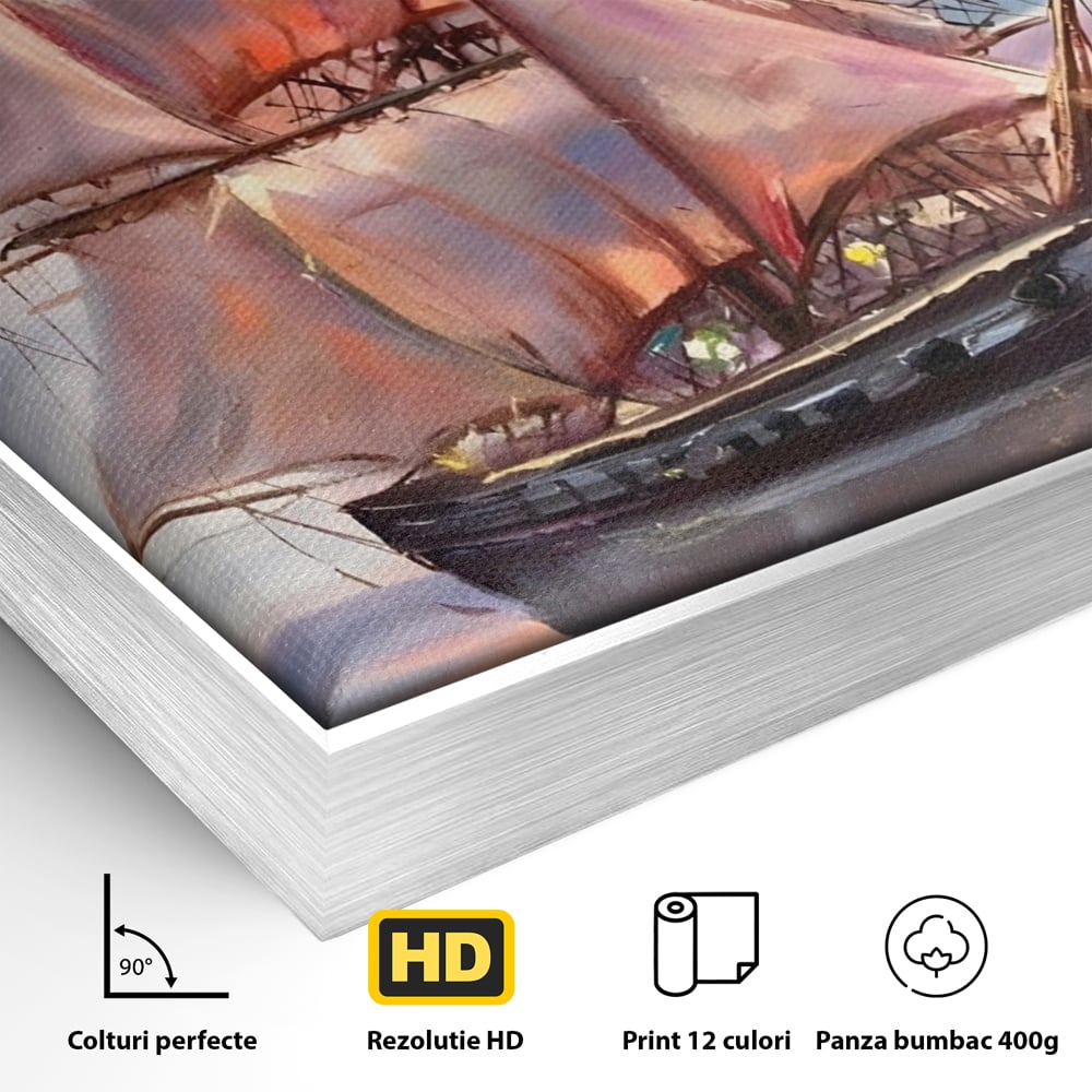 Tablou Canvas Premium LuxCanva® A1304, Vapor Pe Mare, Living, Vele, Rasarit, Pasari, Catarg, Dormitor, Culori Vibrante