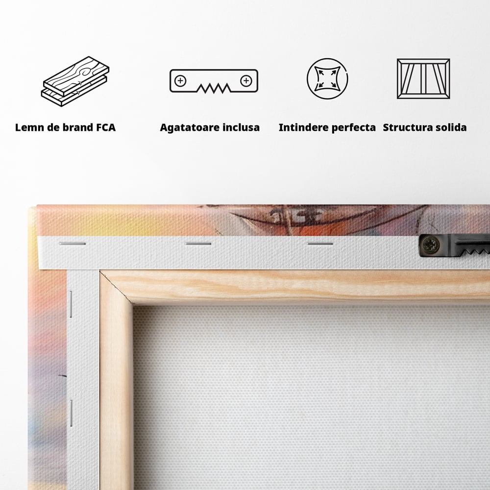 Tablou Canvas Premium LuxCanva® A1304, Vapor Pe Mare, Living, Vele, Rasarit, Pasari, Catarg, Dormitor, Culori Vibrante