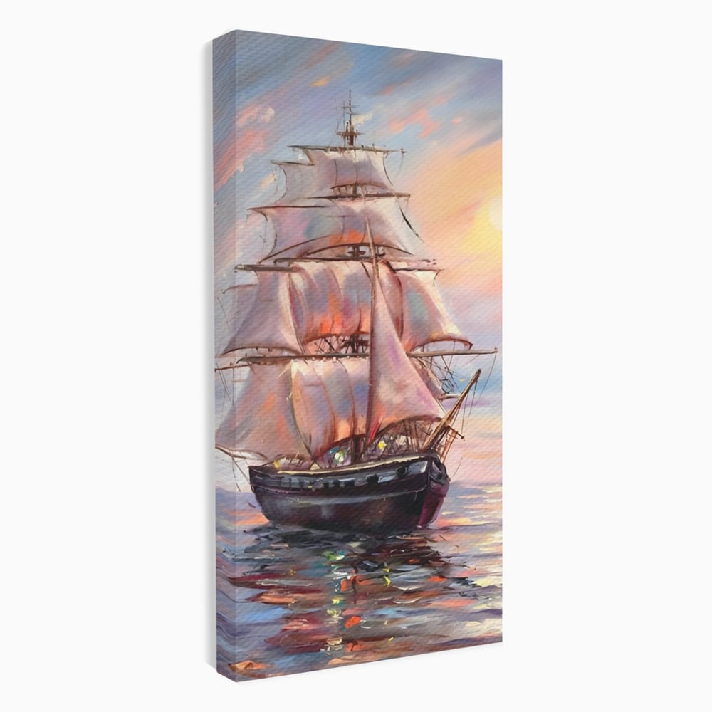 Tablou Canvas Premium LuxCanva® A1304, Vapor Pe Mare, Living, Vele, Rasarit, Pasari, Catarg, Dormitor, Culori Vibrante