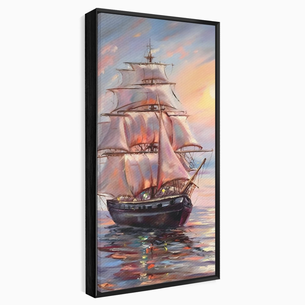 Tablou Canvas Premium LuxCanva® A1304, Vapor Pe Mare, Living, Vele, Rasarit, Pasari, Catarg, Dormitor, Culori Vibrante
