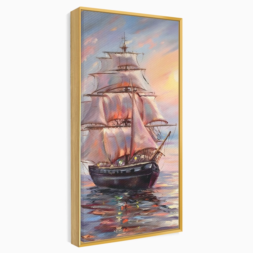 Tablou Canvas Premium LuxCanva® A1304, Vapor Pe Mare, Living, Vele, Rasarit, Pasari, Catarg, Dormitor, Culori Vibrante