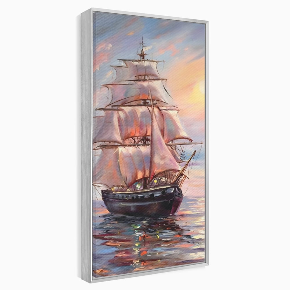 Tablou Canvas Premium LuxCanva® A1304, Vapor Pe Mare, Living, Vele, Rasarit, Pasari, Catarg, Dormitor, Culori Vibrante