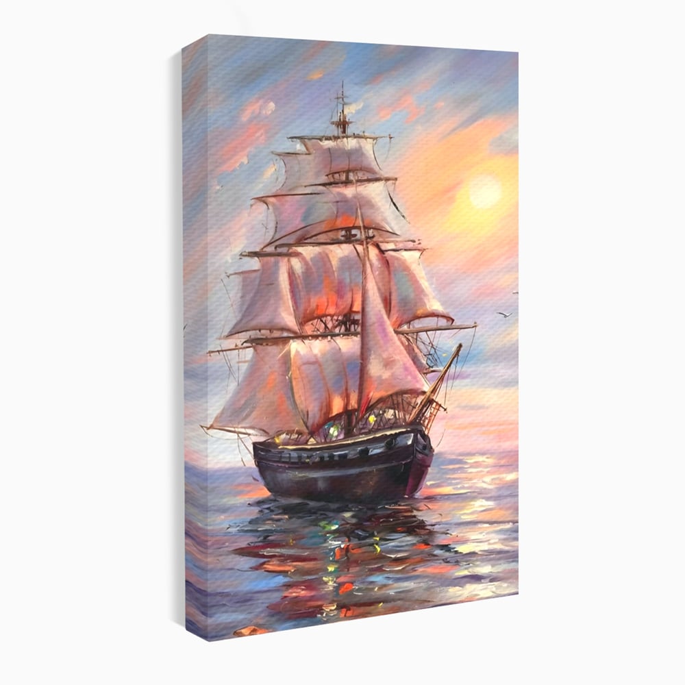 Tablou Canvas Premium LuxCanva® A1304, Vapor Pe Mare, Living, Vele, Rasarit, Pasari, Catarg, Dormitor, Culori Vibrante