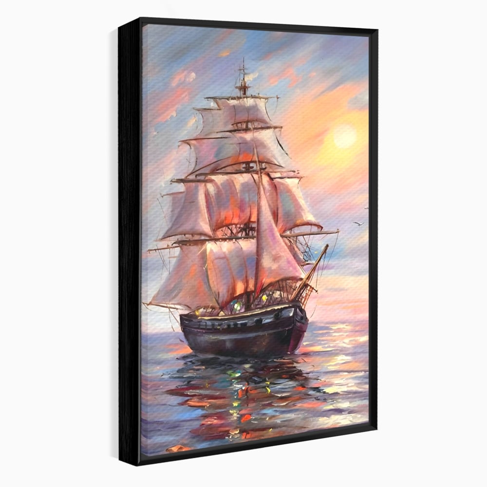 Tablou Canvas Premium LuxCanva® A1304, Vapor Pe Mare, Living, Vele, Rasarit, Pasari, Catarg, Dormitor, Culori Vibrante