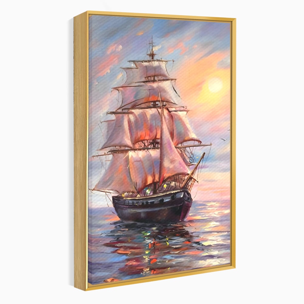 Tablou Canvas Premium LuxCanva® A1304, Vapor Pe Mare, Living, Vele, Rasarit, Pasari, Catarg, Dormitor, Culori Vibrante
