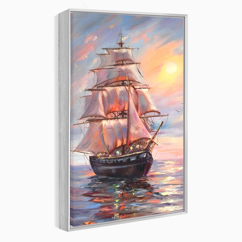 Tablou Canvas Premium LuxCanva® A1304, Vapor Pe Mare, Living, Vele, Rasarit, Pasari, Catarg, Dormitor, Culori Vibrante
