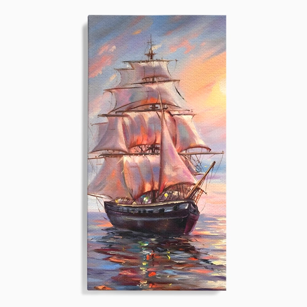 Tablou Canvas Premium LuxCanva® A1304, Vapor Pe Mare, Living, Vele, Rasarit, Pasari, Catarg, Dormitor, Culori Vibrante