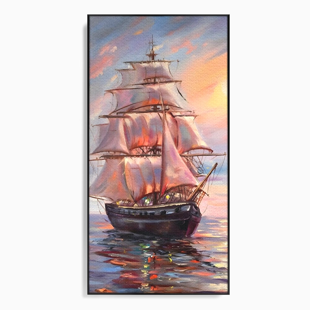 Tablou Canvas Premium LuxCanva® A1304, Vapor Pe Mare, Living, Vele, Rasarit, Pasari, Catarg, Dormitor, Culori Vibrante