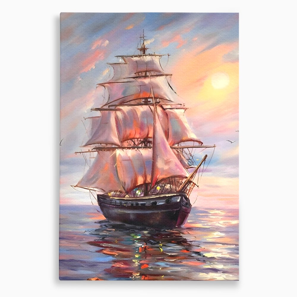 Tablou Canvas Premium LuxCanva® A1304, Vapor Pe Mare, Living, Vele, Rasarit, Pasari, Catarg, Dormitor, Culori Vibrante