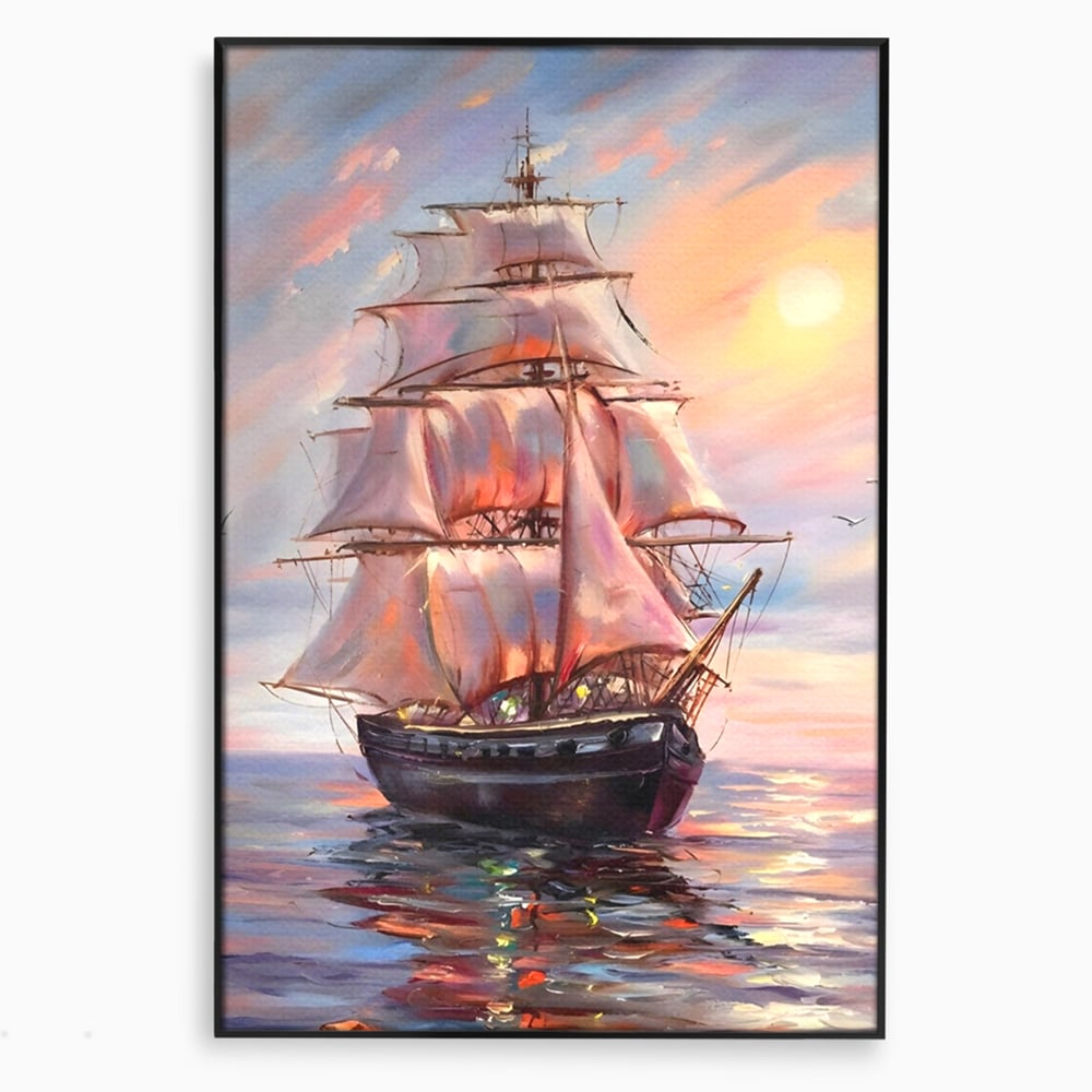 Tablou Canvas Premium LuxCanva® A1304, Vapor Pe Mare, Living, Vele, Rasarit, Pasari, Catarg, Dormitor, Culori Vibrante
