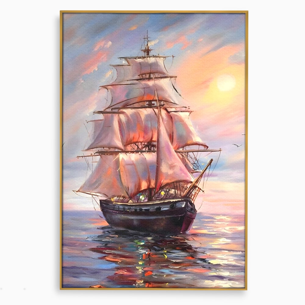 Tablou Canvas Premium LuxCanva® A1304, Vapor Pe Mare, Living, Vele, Rasarit, Pasari, Catarg, Dormitor, Culori Vibrante
