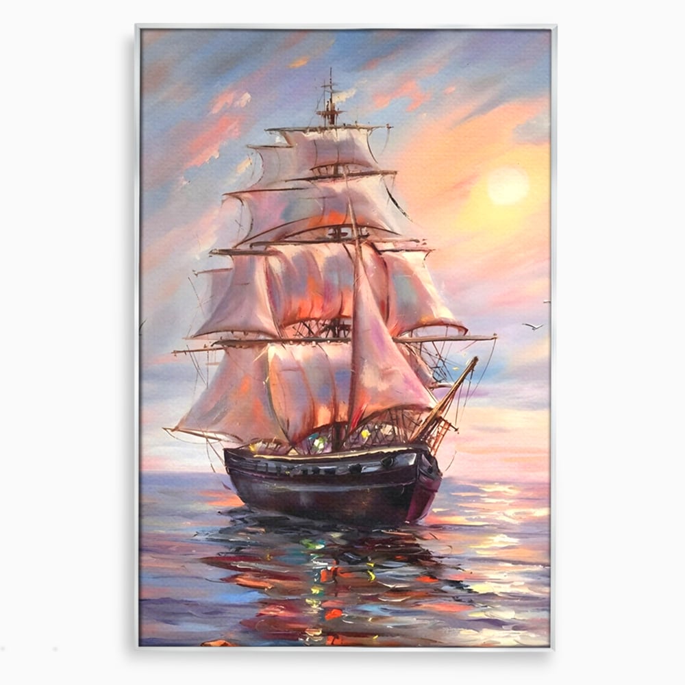 Tablou Canvas Premium LuxCanva® A1304, Vapor Pe Mare, Living, Vele, Rasarit, Pasari, Catarg, Dormitor, Culori Vibrante