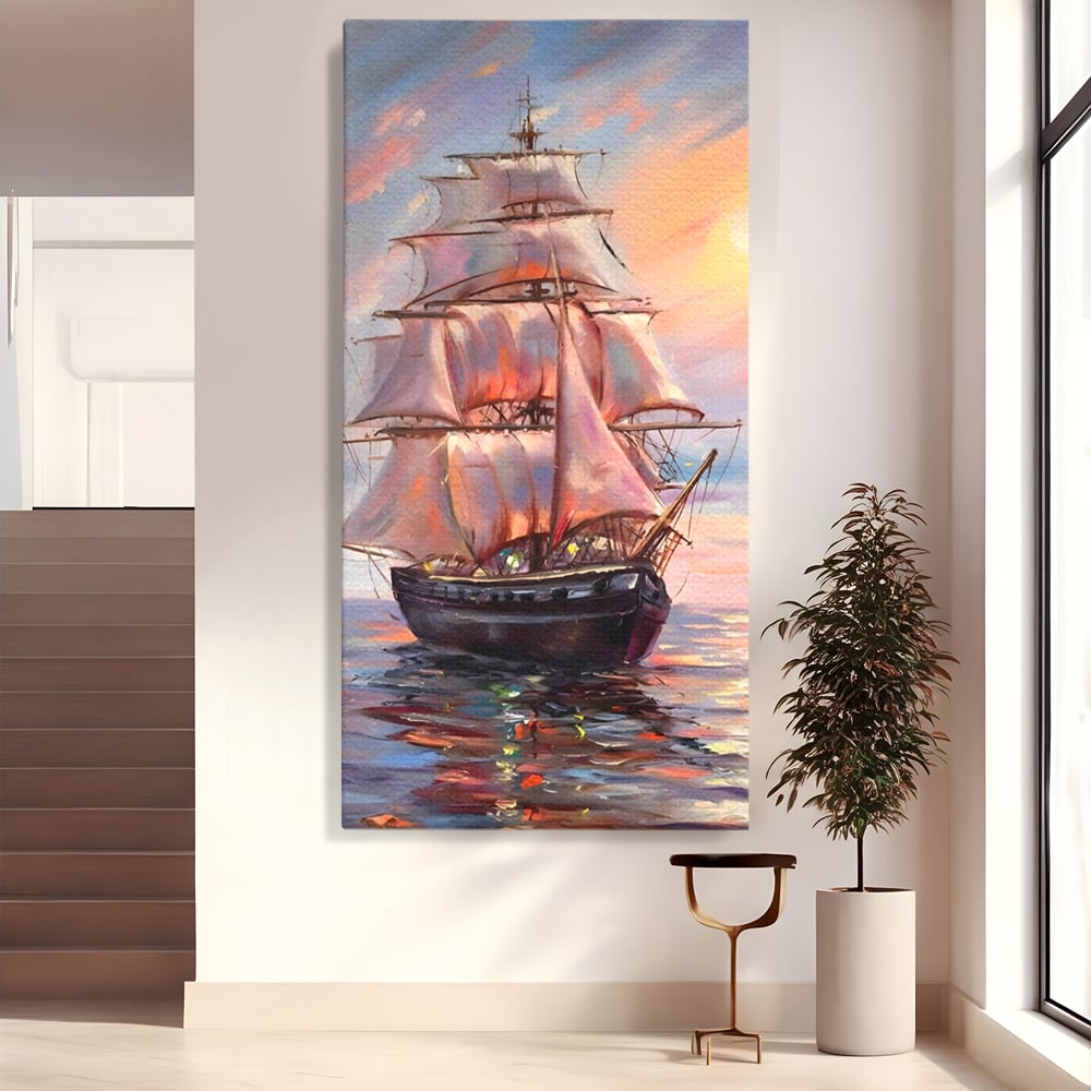 Tablou Canvas Premium LuxCanva® A1304, Vapor Pe Mare, Living, Vele, Rasarit, Pasari, Catarg, Dormitor, Culori Vibrante