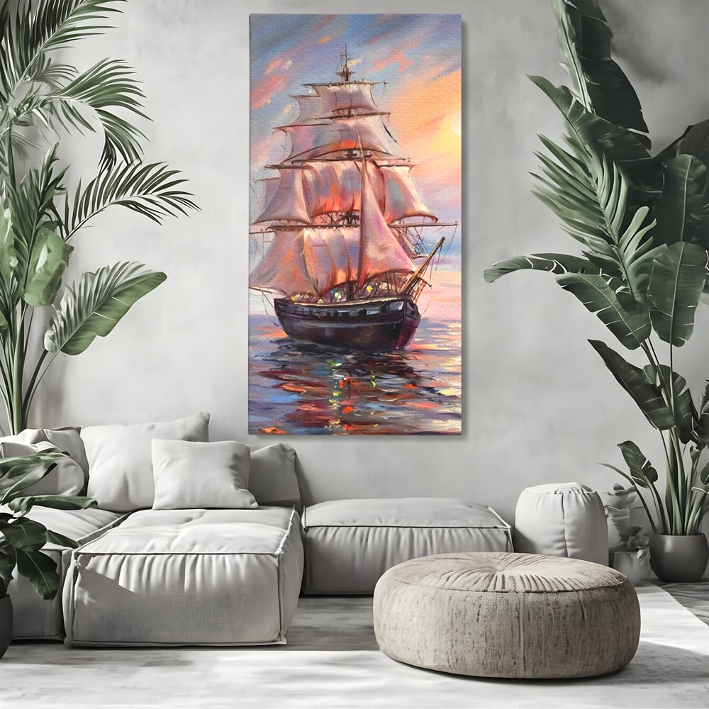 Tablou Canvas Premium LuxCanva® A1304, Vapor Pe Mare, Living, Vele, Rasarit, Pasari, Catarg, Dormitor, Culori Vibrante